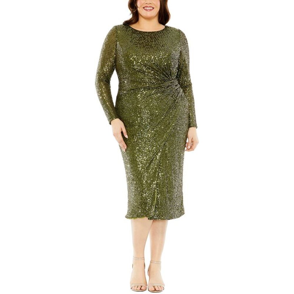 Mac Duggal Womens  Plus Sequin Gathered Waist Dress, Green